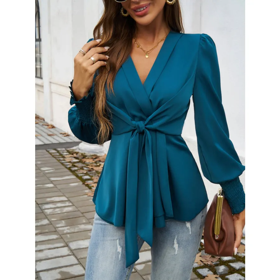 Smocked Surplice Long Sleeve Blouse