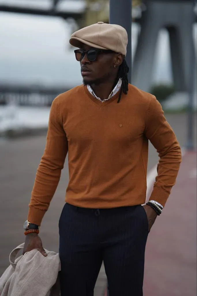 Stefano Slim Fit Custom Design Camel V- Neck Sweater