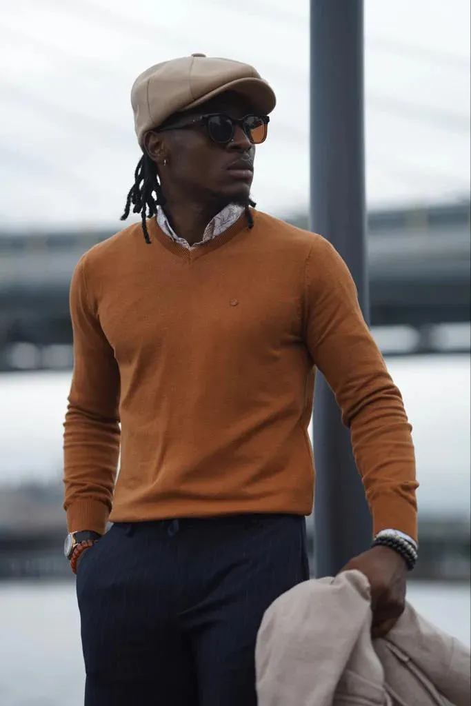 Stefano Slim Fit Custom Design Camel V- Neck Sweater