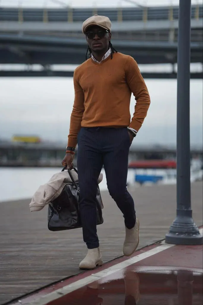 Stefano Slim Fit Custom Design Camel V- Neck Sweater