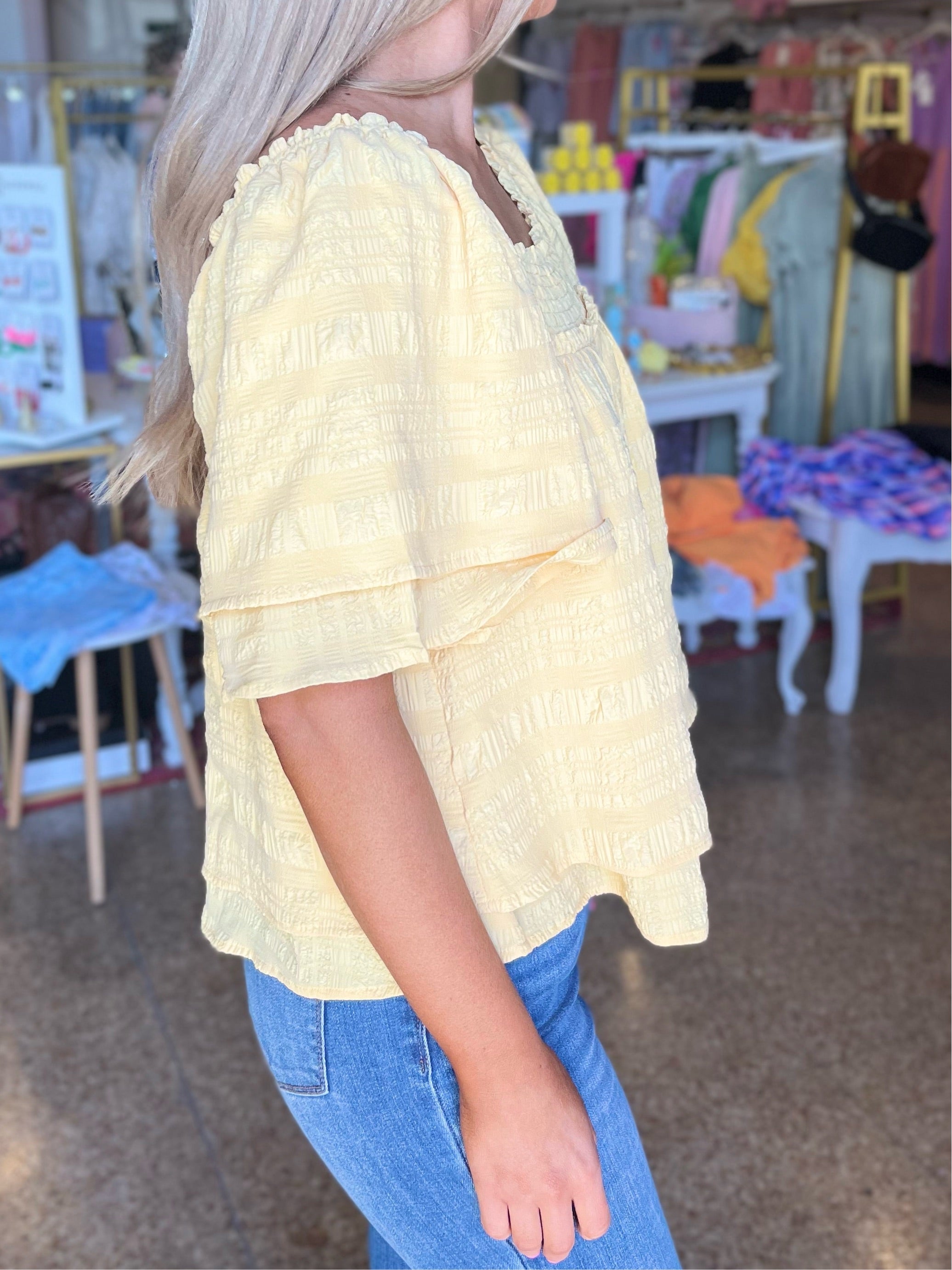 TEXTURED SMOCKED FLUTTER SLEEVE BLOUSE - YELLOW