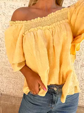 TEXTURED SMOCKED FLUTTER SLEEVE BLOUSE - YELLOW