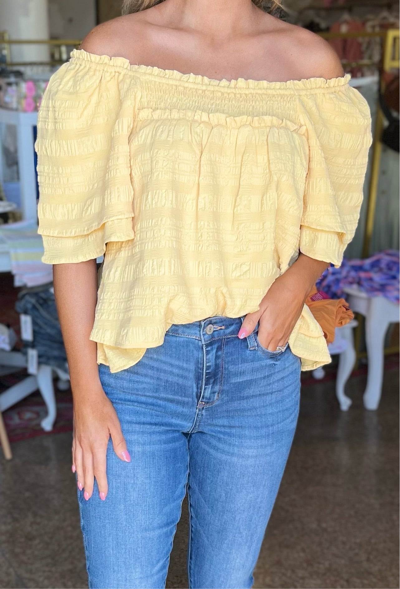 TEXTURED SMOCKED FLUTTER SLEEVE BLOUSE - YELLOW