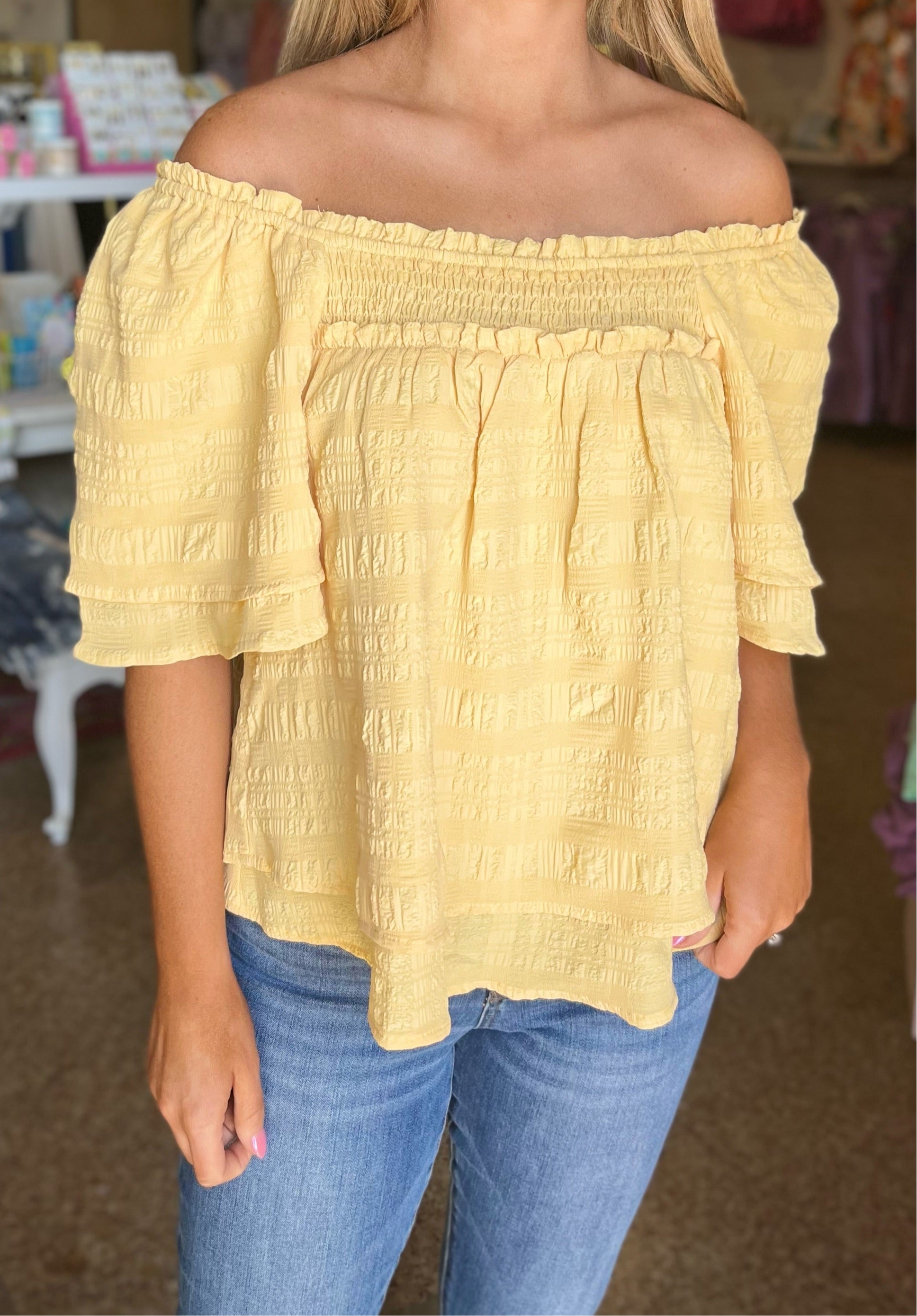 TEXTURED SMOCKED FLUTTER SLEEVE BLOUSE - YELLOW