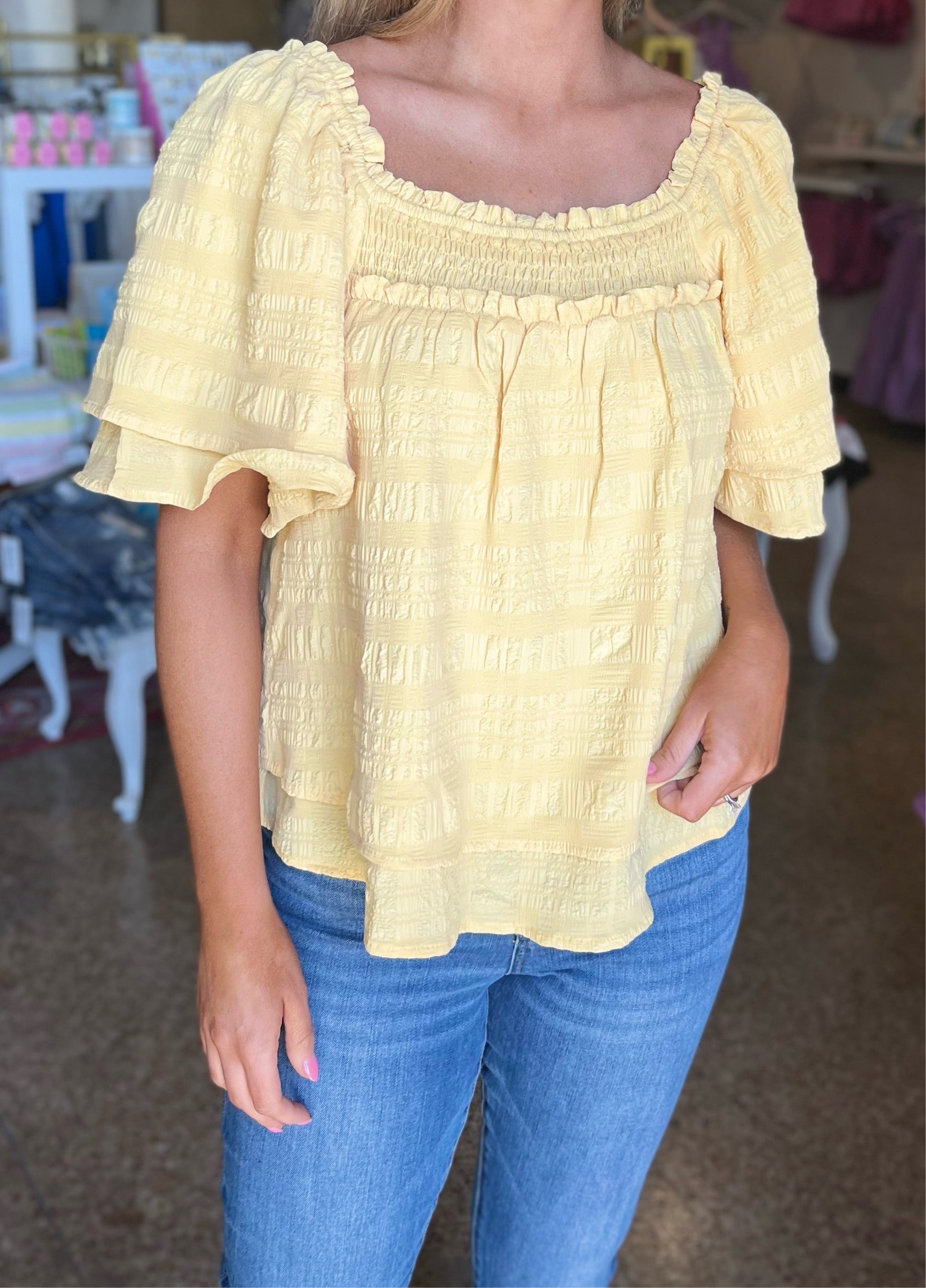 TEXTURED SMOCKED FLUTTER SLEEVE BLOUSE - YELLOW