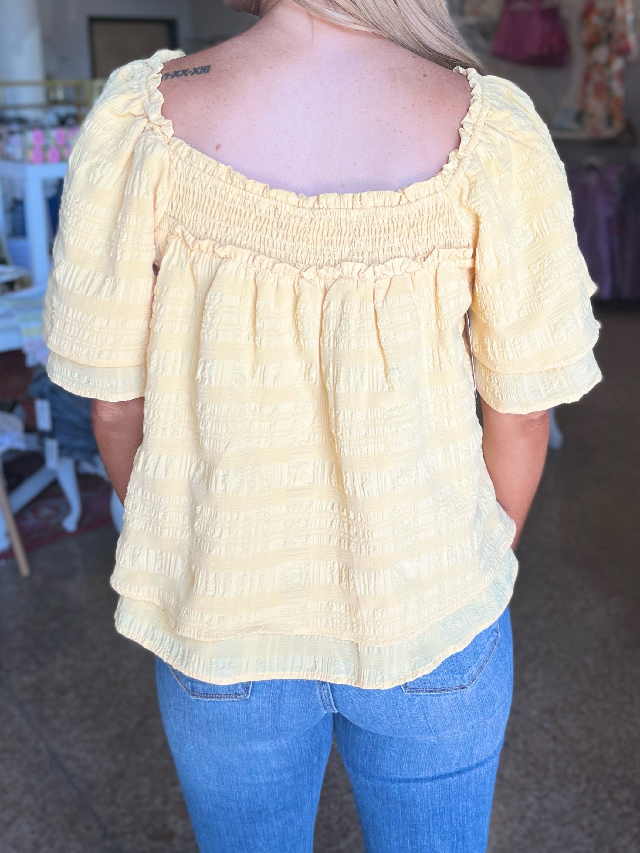 TEXTURED SMOCKED FLUTTER SLEEVE BLOUSE - YELLOW