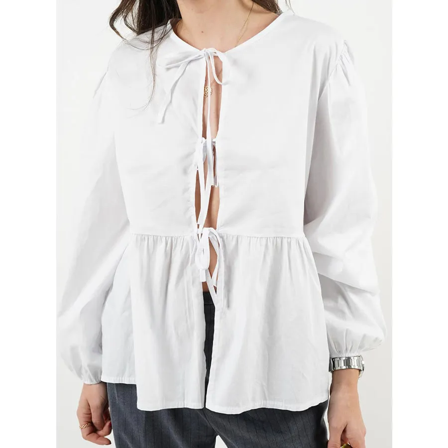 Tied Round Neck Long Sleeve Blouse