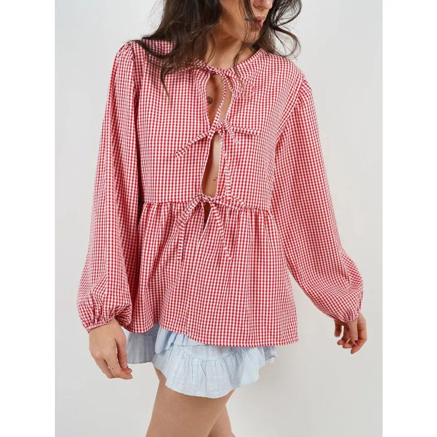 Tied Round Neck Long Sleeve Blouse