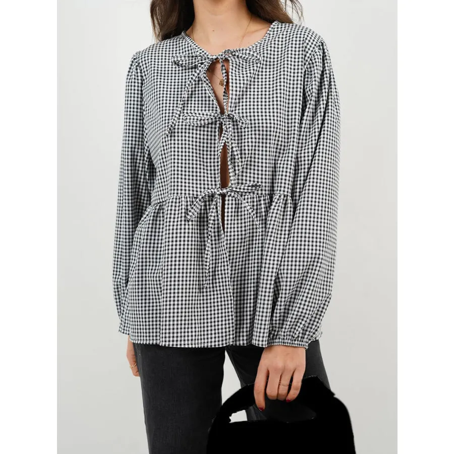 Tied Round Neck Long Sleeve Blouse