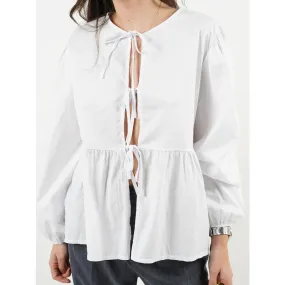 Tied Round Neck Long Sleeve Blouse