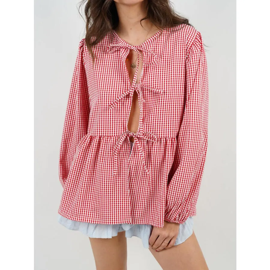 Tied Round Neck Long Sleeve Blouse