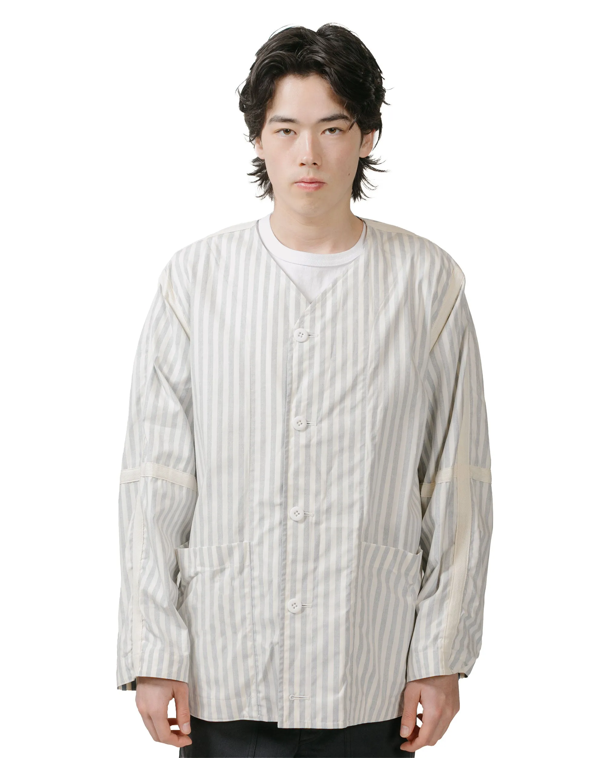 ts(s) Reversible Seam Taping Collarless Jacket Block Stripe Print Cotton Twill Cloth Blue