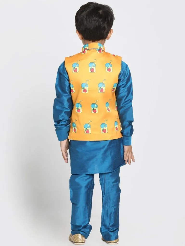 Vastramay Boys' Quirky Nehru Jacket, Blue Kurta And Pyjama Set