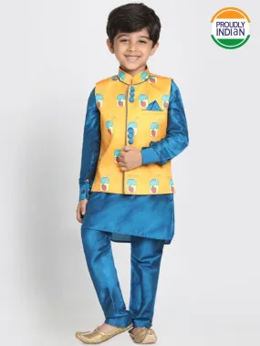 Vastramay Boys' Quirky Nehru Jacket, Blue Kurta And Pyjama Set