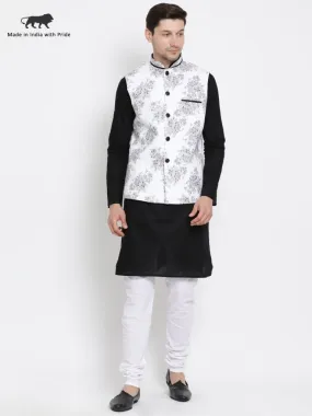 VASTRAMAY Men's Black Cotton Blend Kurta, Ethnic Jacket and Pyjama Set