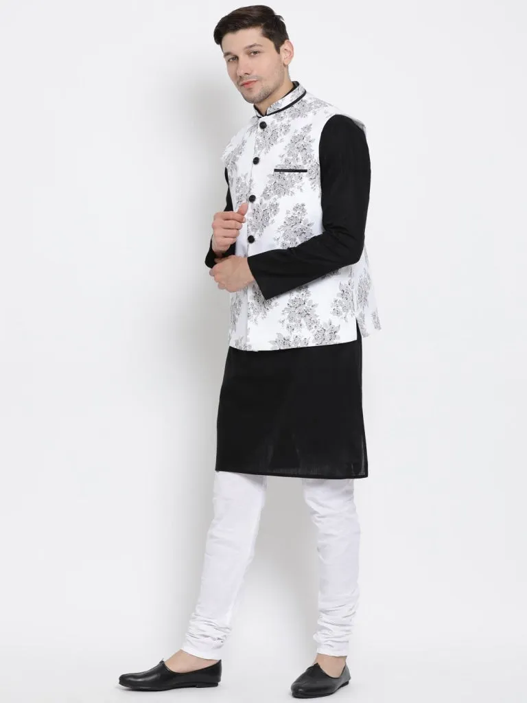 VASTRAMAY Men's Black Cotton Blend Kurta, Ethnic Jacket and Pyjama Set