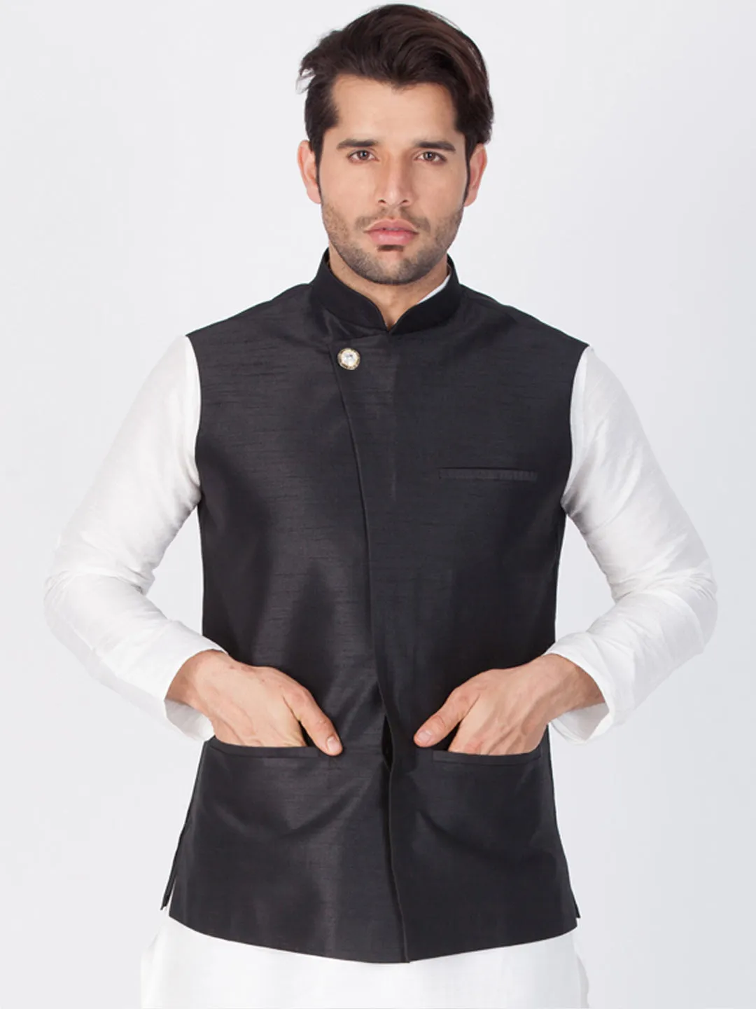 VASTRAMAY Men's Black Cotton Silk Blend Ethnic Jacket