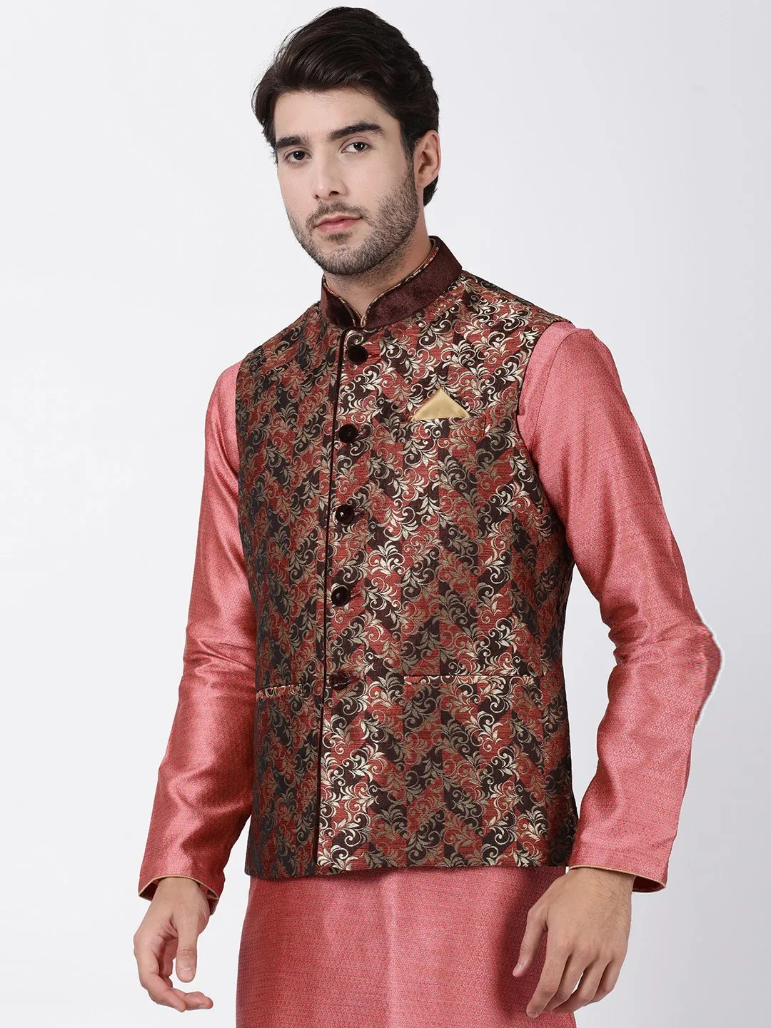 VASTRAMAY Men's Maroon Cotton Silk Blend Ethnic Jacket