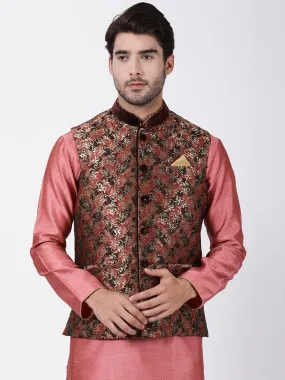 VASTRAMAY Men's Maroon Cotton Silk Blend Ethnic Jacket