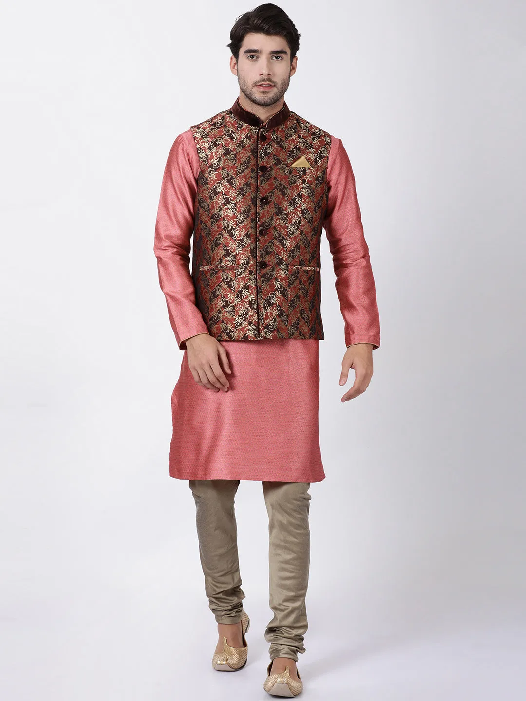 VASTRAMAY Men's Maroon Cotton Silk Blend Ethnic Jacket