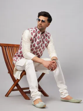 VM BY VASTRAMAY Men's Multicolor Printed Ethnic Jacket With Cream Silk Blend Kurta and Pyjama Set