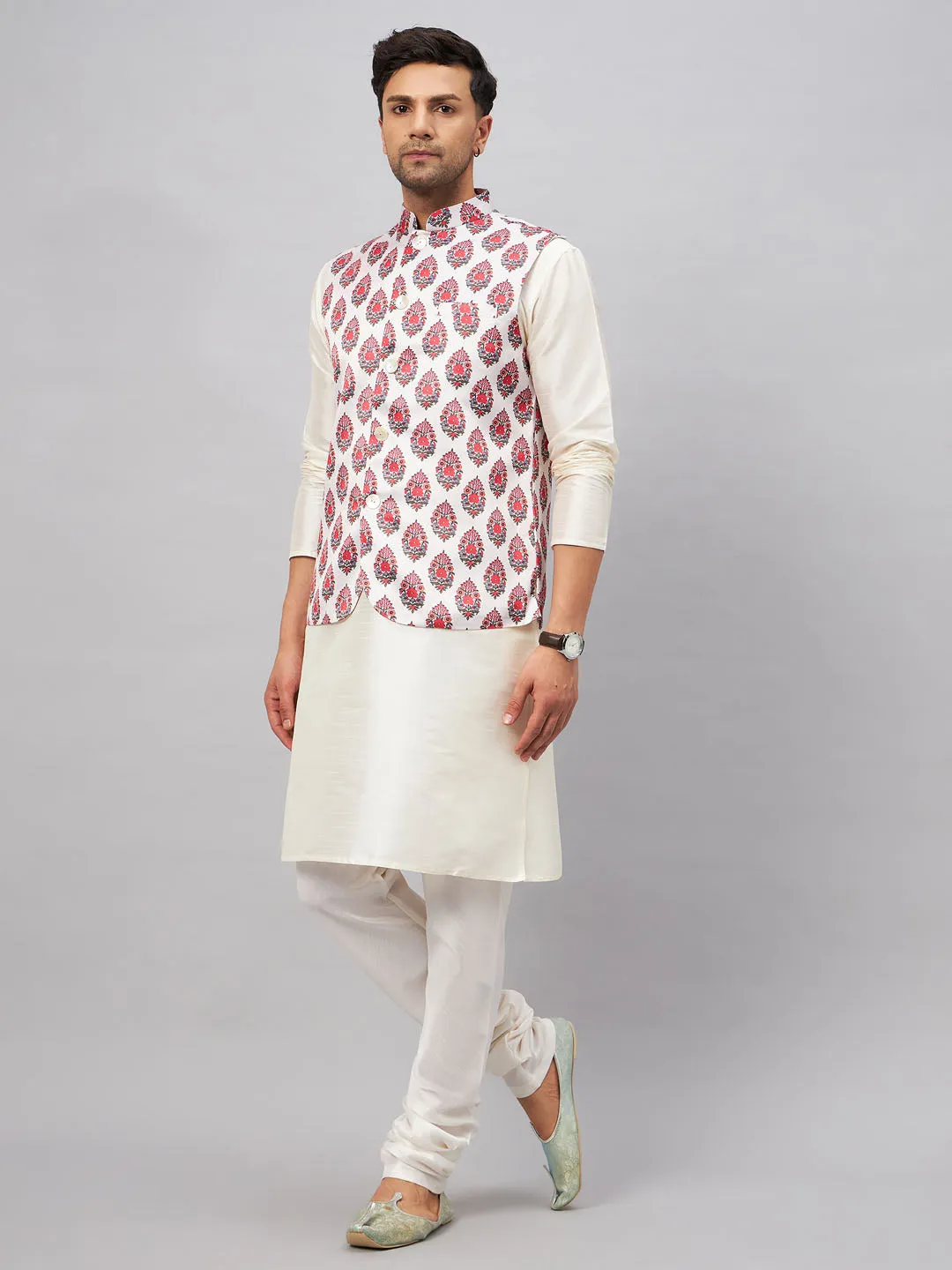 VM BY VASTRAMAY Men's Multicolor Printed Ethnic Jacket With Cream Silk Blend Kurta and Pyjama Set