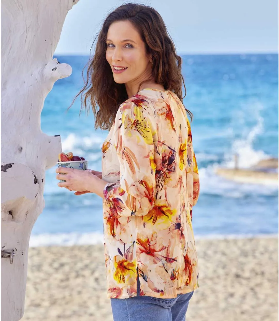 Women's Coral Floral Crepe Blouse 