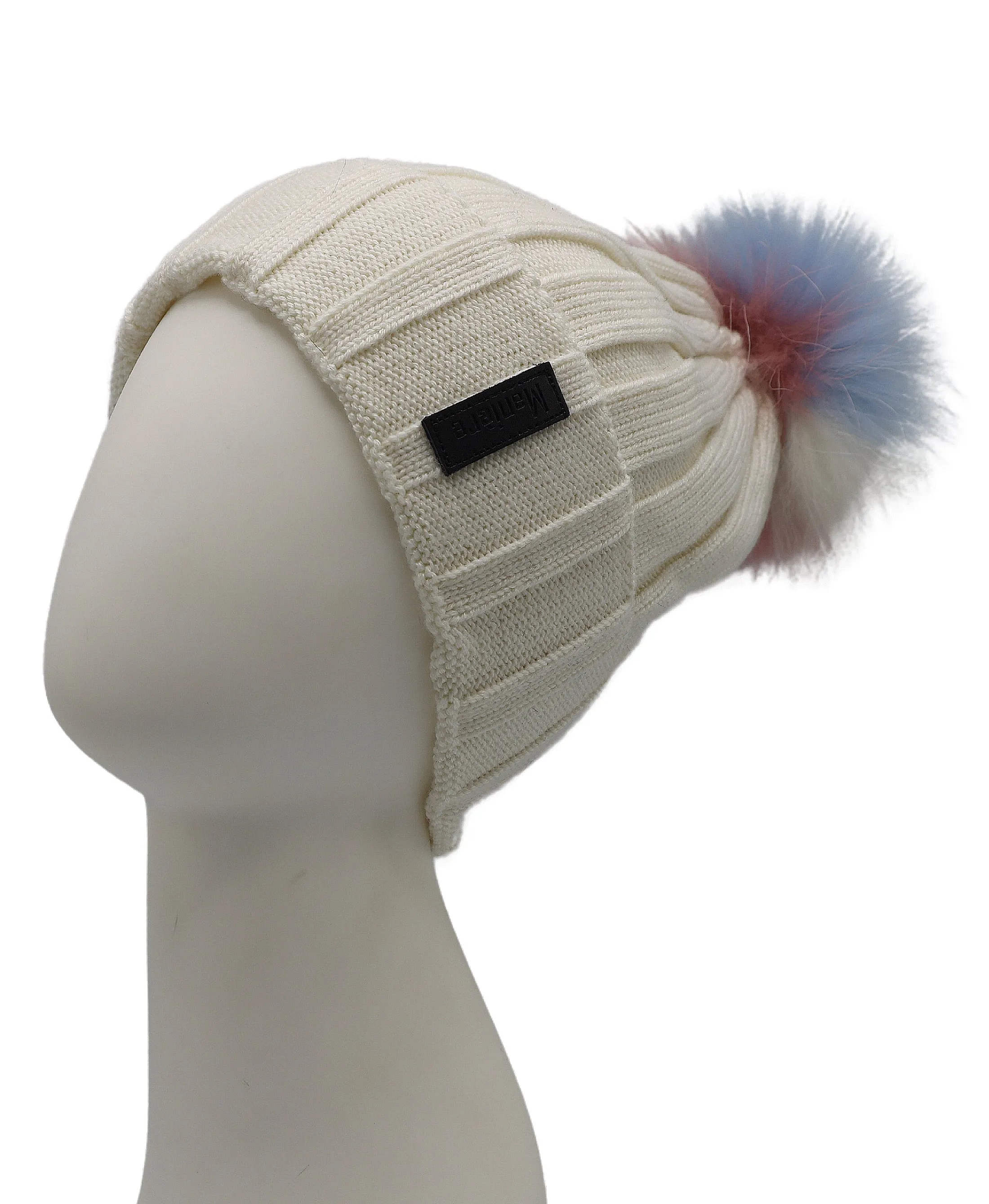 Wool Ribbed Knit Hat w/ Fur Pom