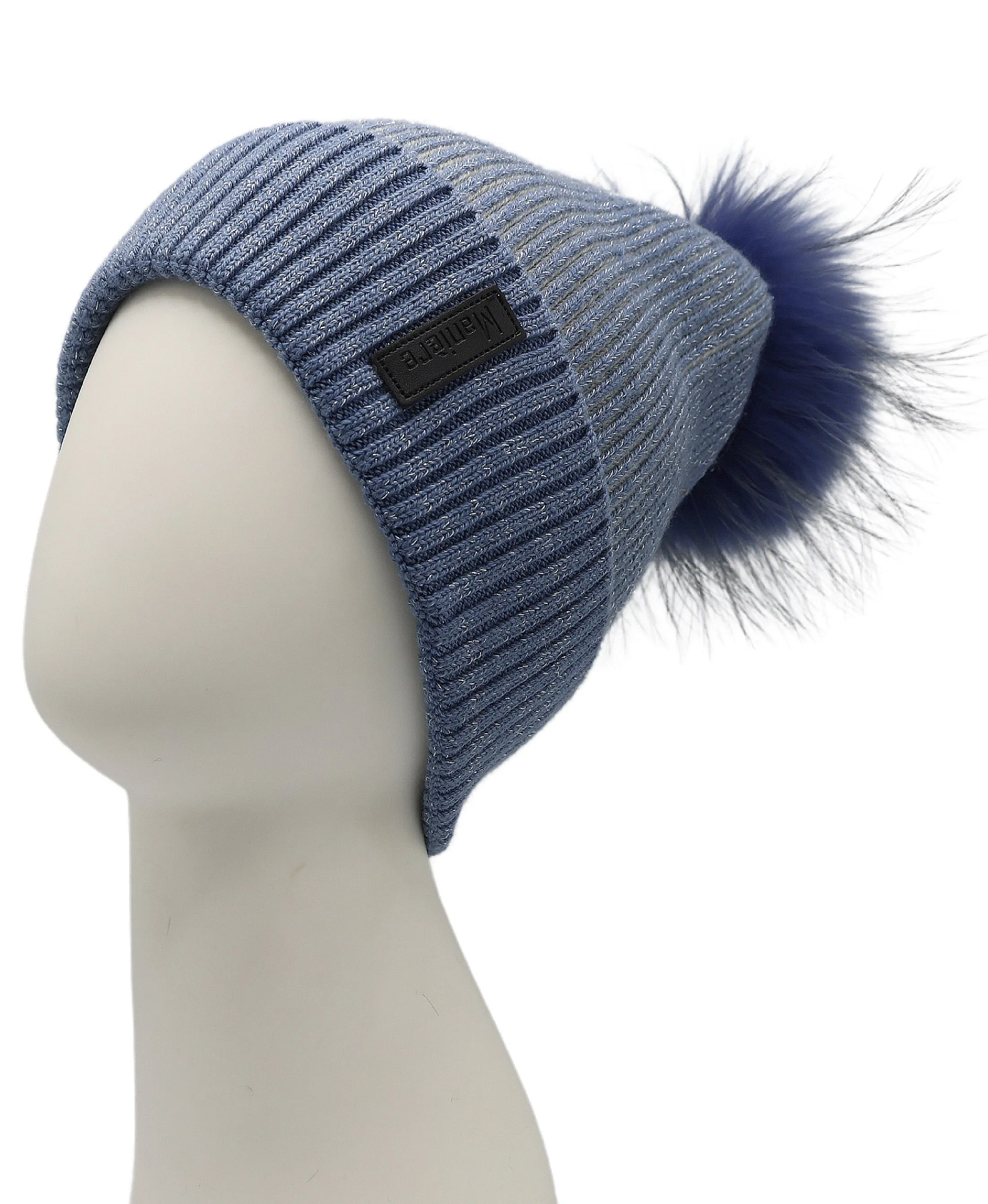 Wool Shimmer Knit Hat w/ Fur Pom