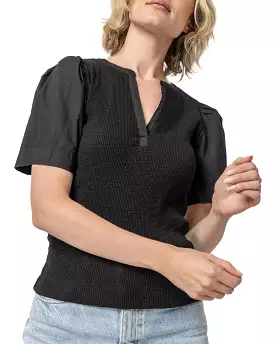 Woven Sleeve Split Neck Top (Black)