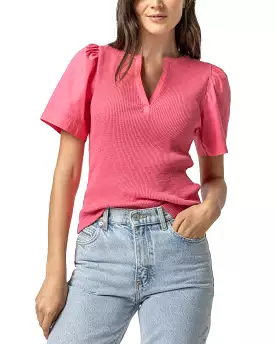 Woven Sleeve Split Neck Top (Rosebud)